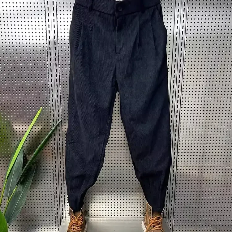 2025新款男裤秋冬灯芯绒时尚休闲裤纽扣小宽松哈伦裤痞帅条绒裤
