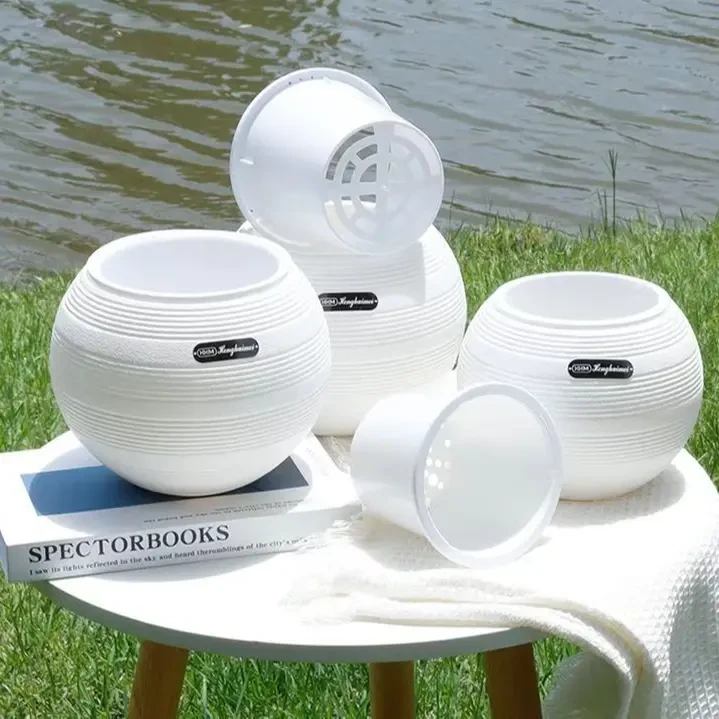 简约轻奢高级感塑料花盆奶油风黑金刚橡皮树胖盆圆球形小花盆水培