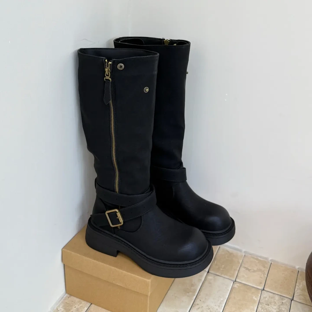 街头风英伦时尚常规款骑士二棉绒透气女靴黑色时尚休闲鞋中跟长筒