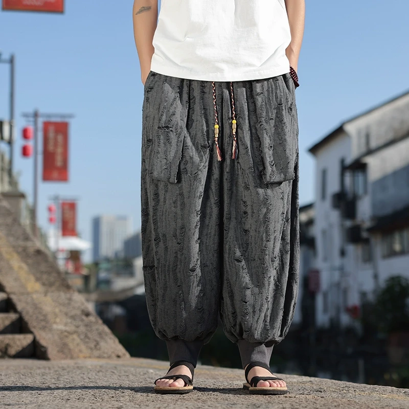 国潮大码肥佬破洞束脚裤男款新中式国风做旧镂空设计感宽松哈伦裤