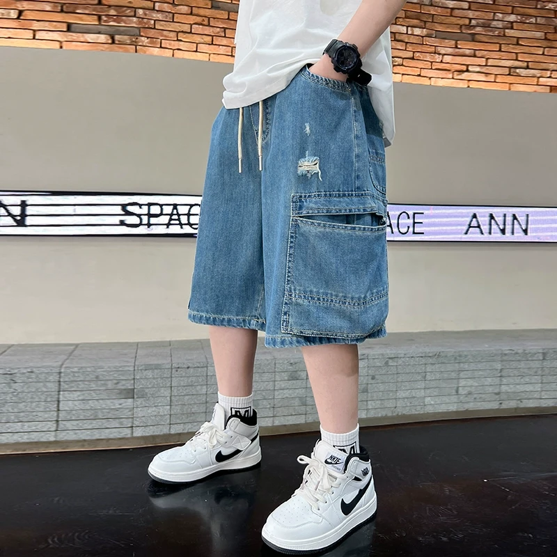 男童牛仔短裤夏季五分裤薄款透气破洞痞帅风男童中大童深蓝色中裤