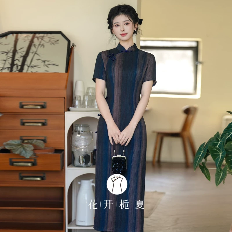 军阀太太长款旗袍2025春夏新款老上海复古风条纹连衣裙