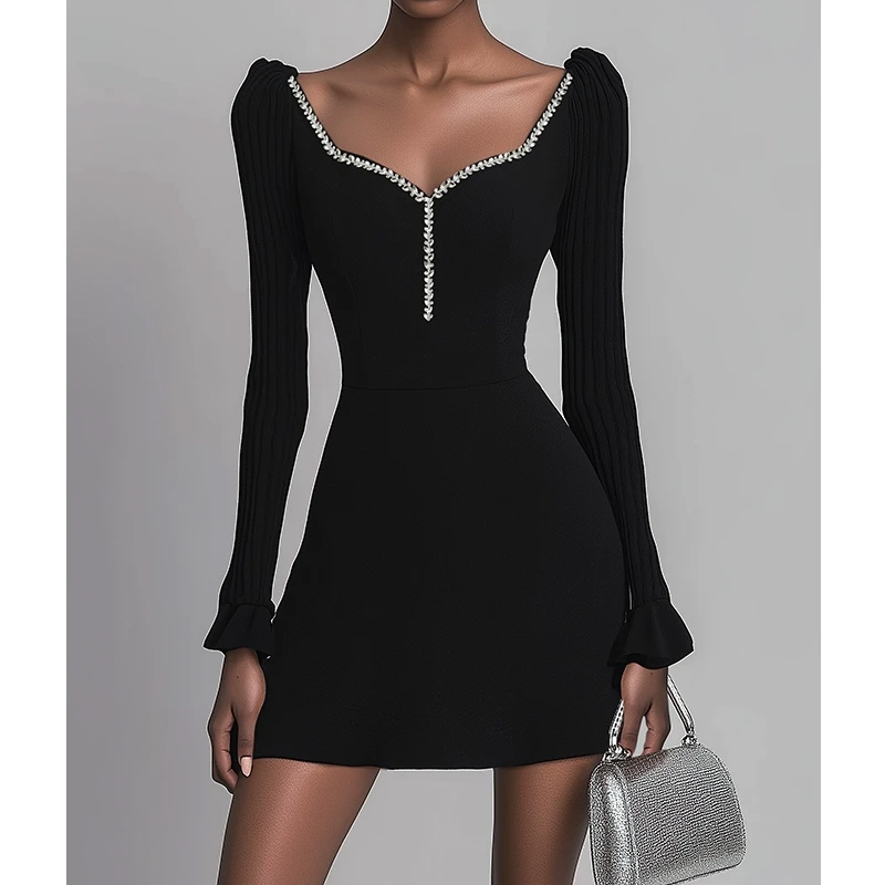 【媛媛女王专享】AUI黑色高端宴会设计感连衣裙女春秋-24Q016059