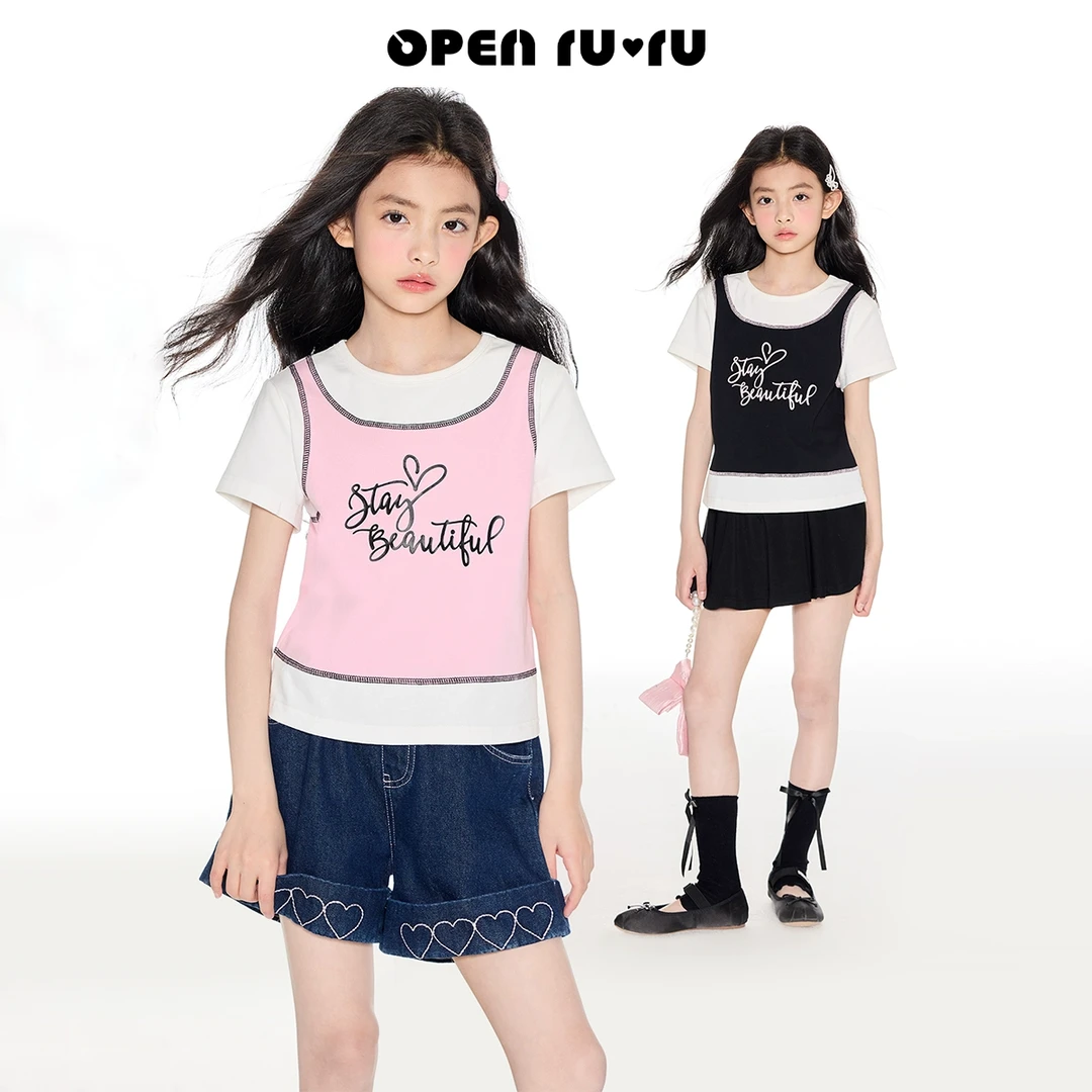 Opennunu女童两色字母印花撞色背心夏季中大童假两件休闲短袖上衣