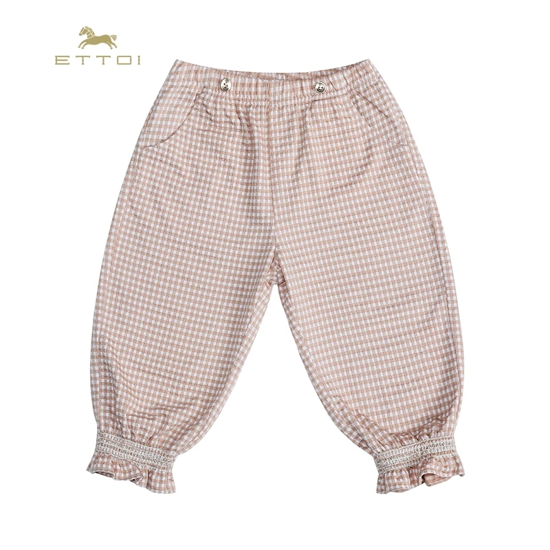 ETTOI爱多娃儿童童装春夏款粉色网格休闲裤子女童宽松束脚长裤韩