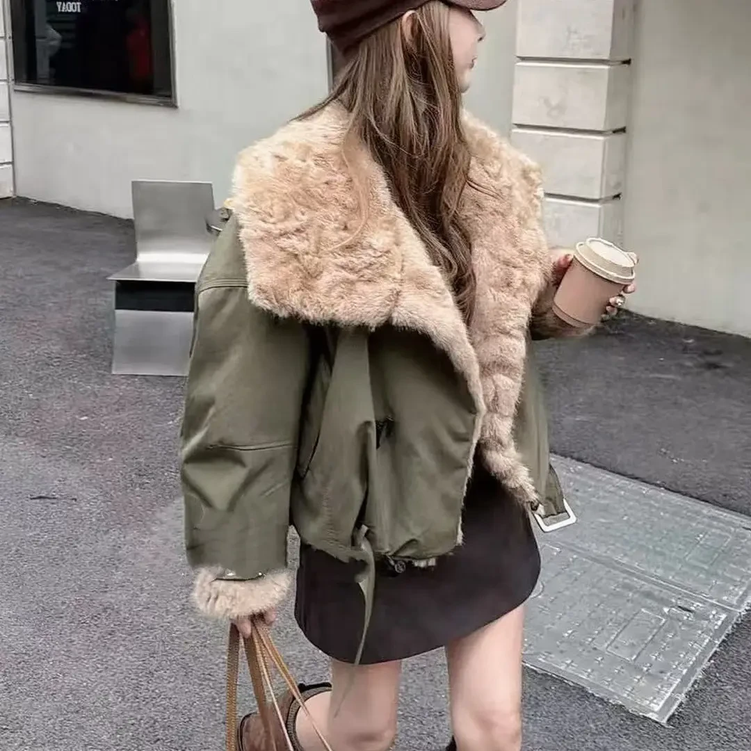 冬季韩版大翻领短款加绒保暖派克服外套女百搭