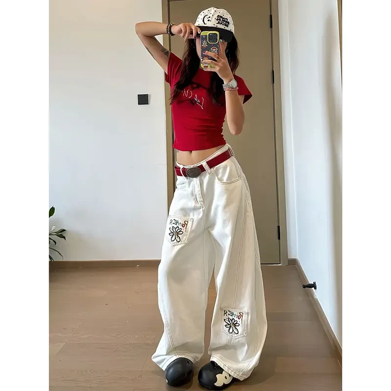 美式设计感花卉刺绣牛仔裤男女复古高街白色阔腿宽松拖地弯刀裤潮