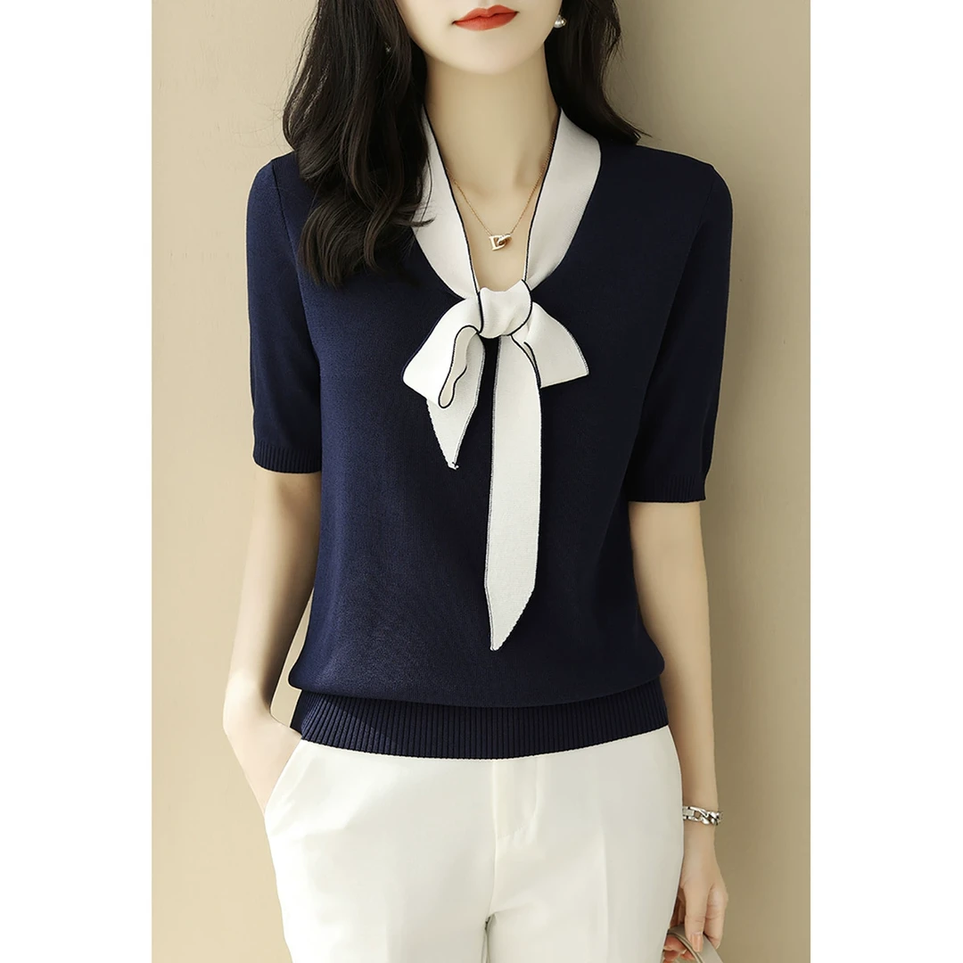 v领拼色蝴蝶结中袖针织打底衫毛衣女早春新款宽松正肩五分袖上衣