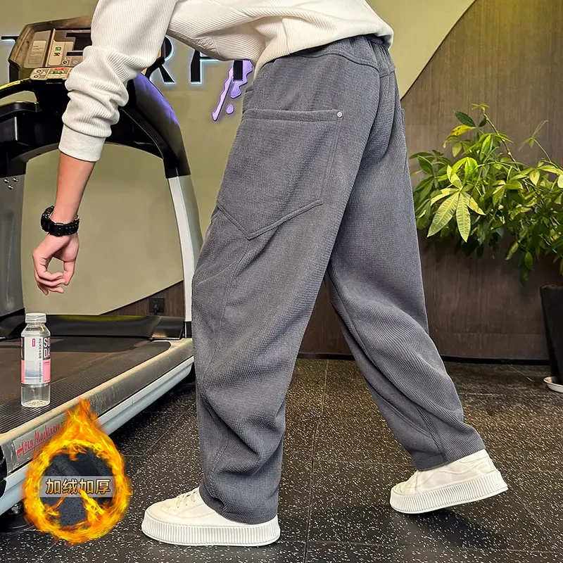 秋冬季轻奢男士加绒加厚卫裤设计感弯刀裤子痞帅宽松休闲直筒长裤