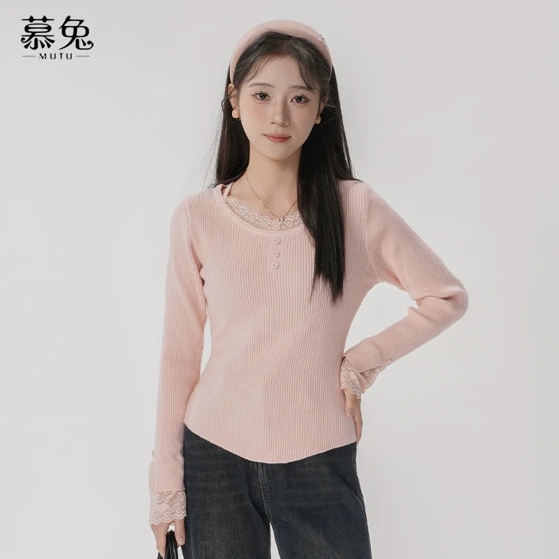 慕兔甜美粉色假两件针织衫女秋冬2024新款修身显瘦长袖打底衫上衣