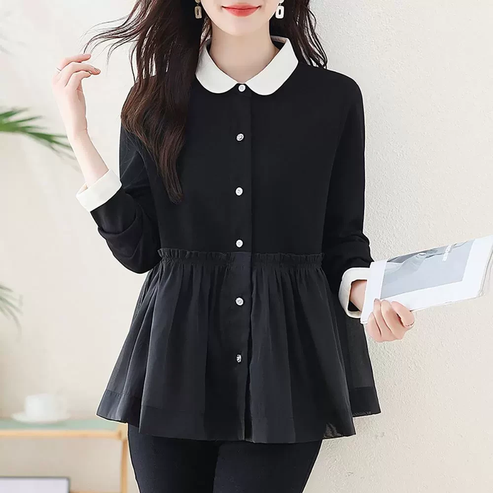 娃娃领衬衫女2025秋季新款高级感大码宽松时尚洋气假两件裙摆上衣