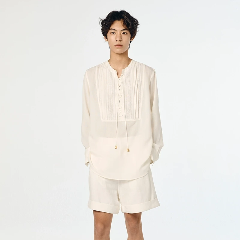 【XUZHI】noundnound蕾丝拼接绑带宽松圆领长袖衬衫女2025春夏新款