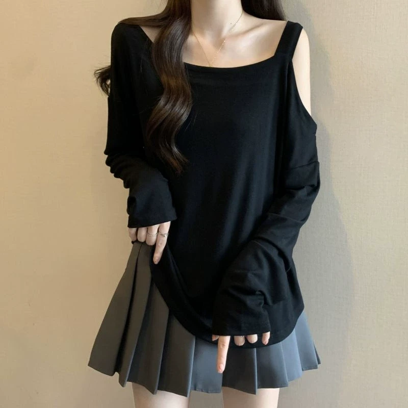 微胖妹妹大码2025春季新款宽松斜领漏肩长袖T恤女减龄百搭上衣潮