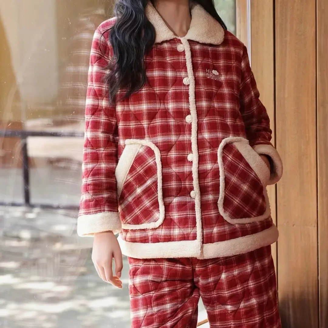 尹姿恋9610冬季三层夹棉色织格女士时尚家居服套装