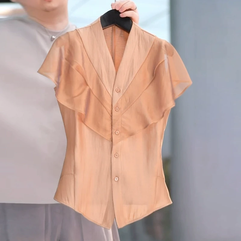 荷叶边醋酸衬衫女士夏季2025洋气减龄显瘦时尚设计感短袖v领上衣