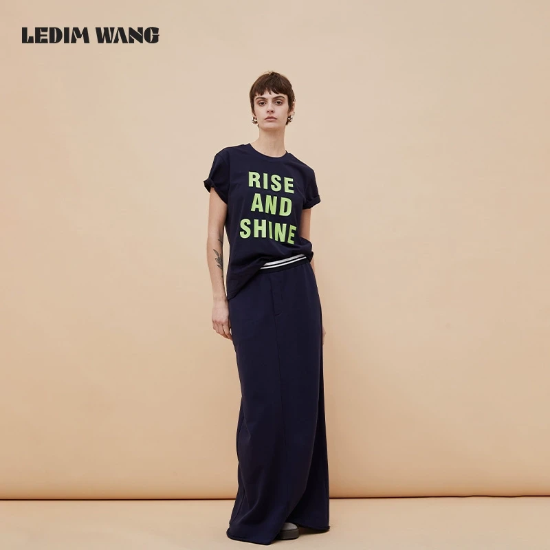 1LEDIM WANG双色半身裙卫裙女运动感卫裙松紧百搭直筒裙针织长裙