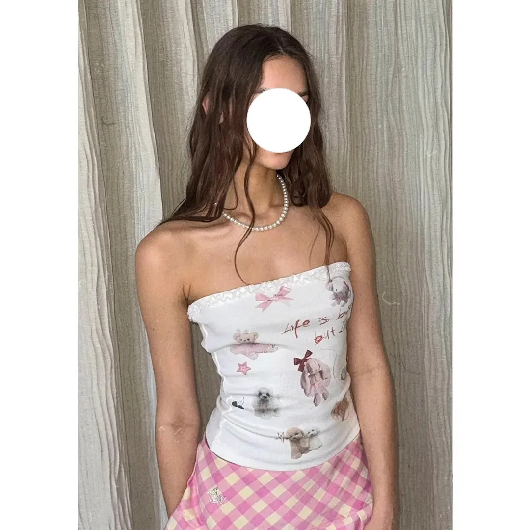 卡吉米抹胸 设计感印花美式复古甜心辣妹修身显瘦百搭背心上衣女