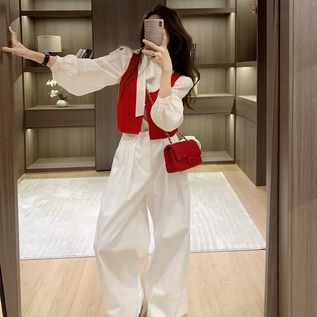 2025高级感开春穿搭套装减龄显瘦衬衫马甲搭配阔腿裤三件套上衣女