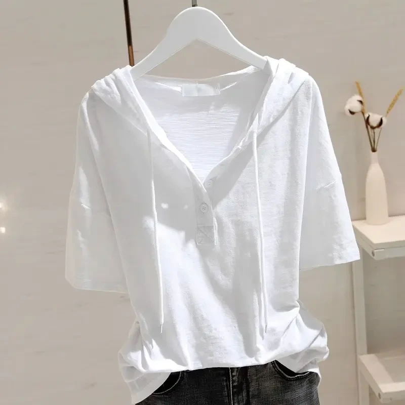 白色连帽短袖t恤女2025新款百搭韩版宽松显瘦竹节棉夏季薄款上衣