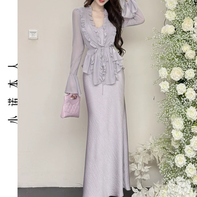 小诺本人木耳边雪纺短上衣春夏深v吊带连衣裙修身长裙套装25472