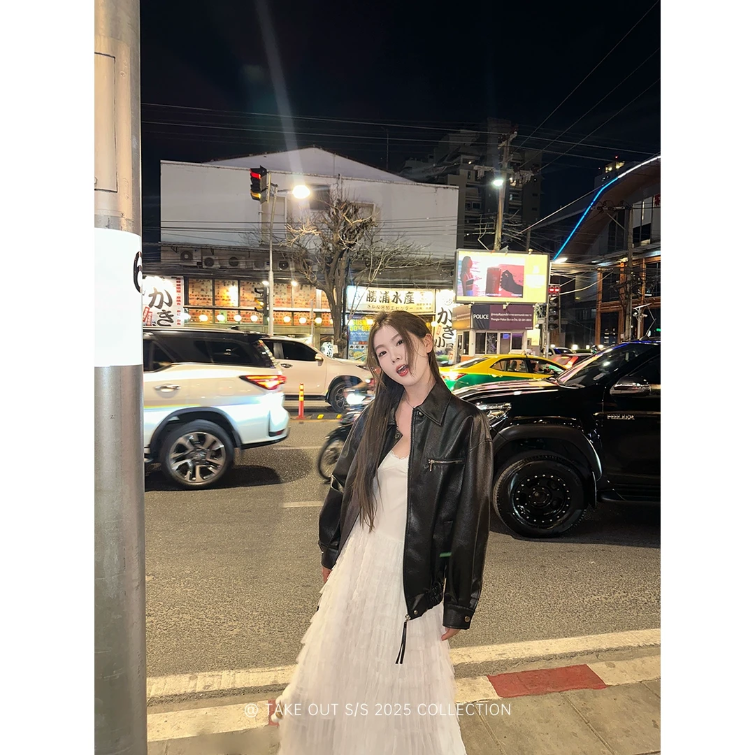 外卖到了【02/06休斯顿街区】黑色皮衣外套女美式复古宽松显瘦