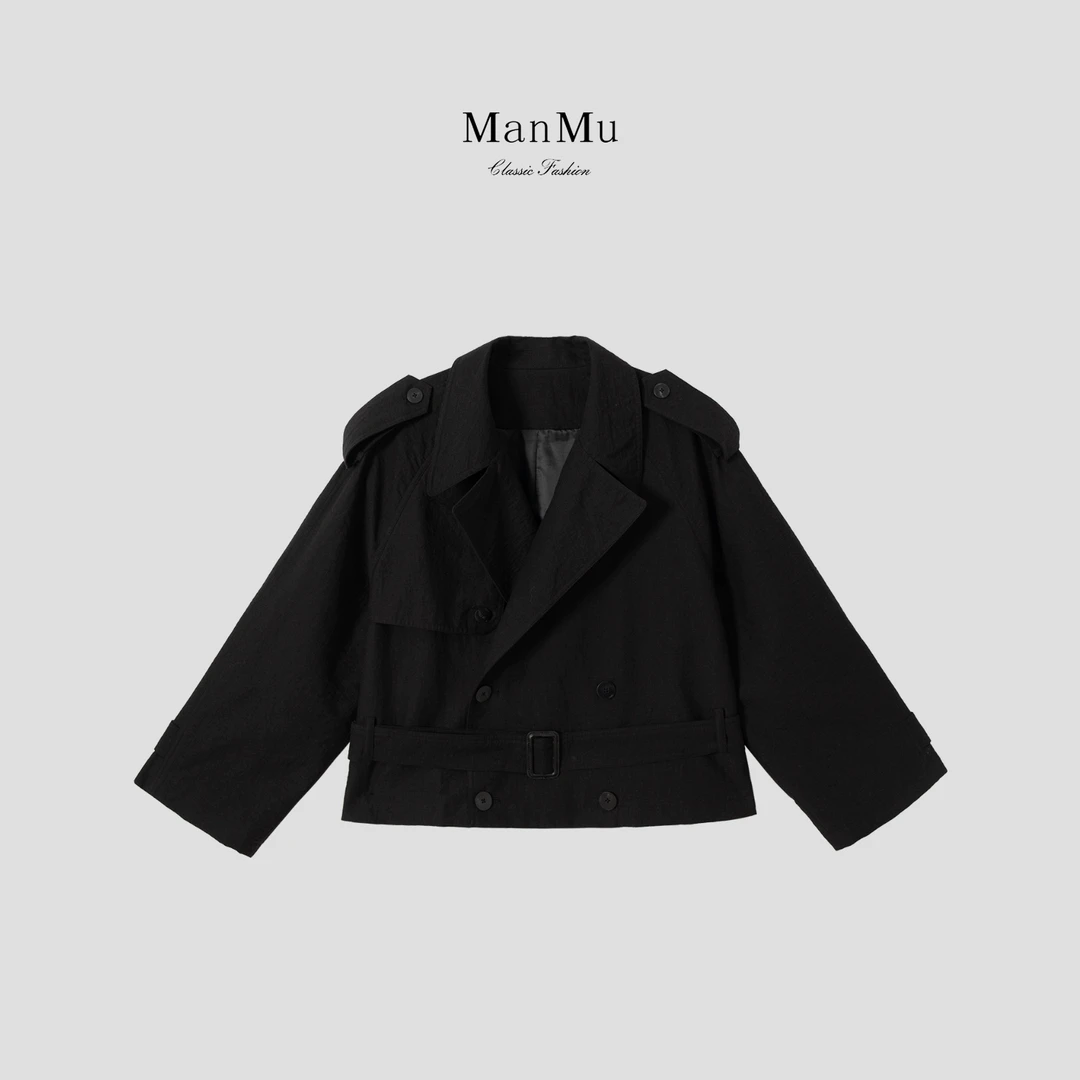 满目ManMu【张琪专属】翻领口袋短款风衣女气质休闲外套350001
