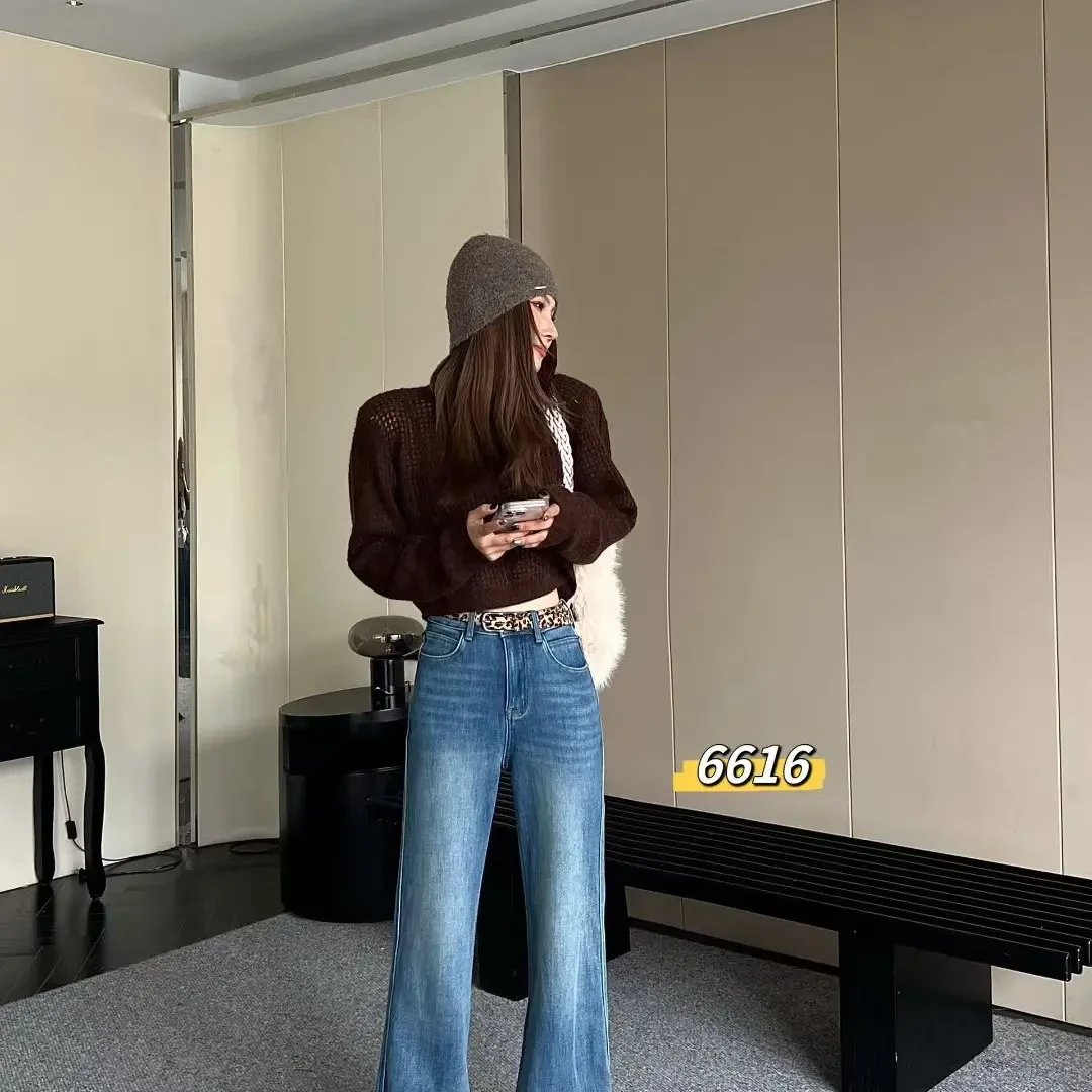 6616复古修身侧边波浪刺绣高腰含腰带微喇牛仔裤