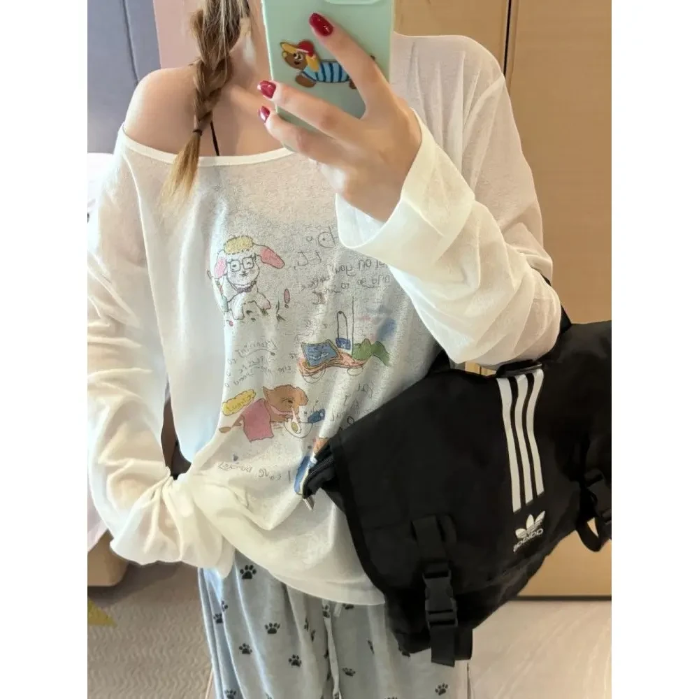 可爱甜美印花长袖罩衫T恤女夏季慵懒风宽松休闲百搭ins斜肩上衣