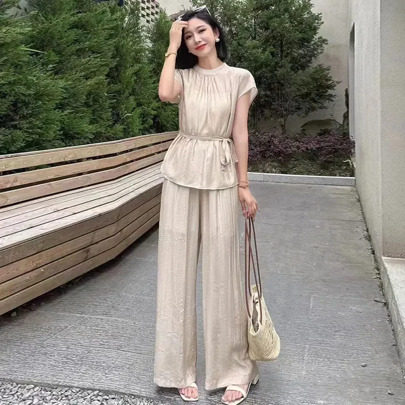 拉夏贝尔时尚套装女2025夏洋气质宽松遮肚子显瘦上衣阔腿裤两件套