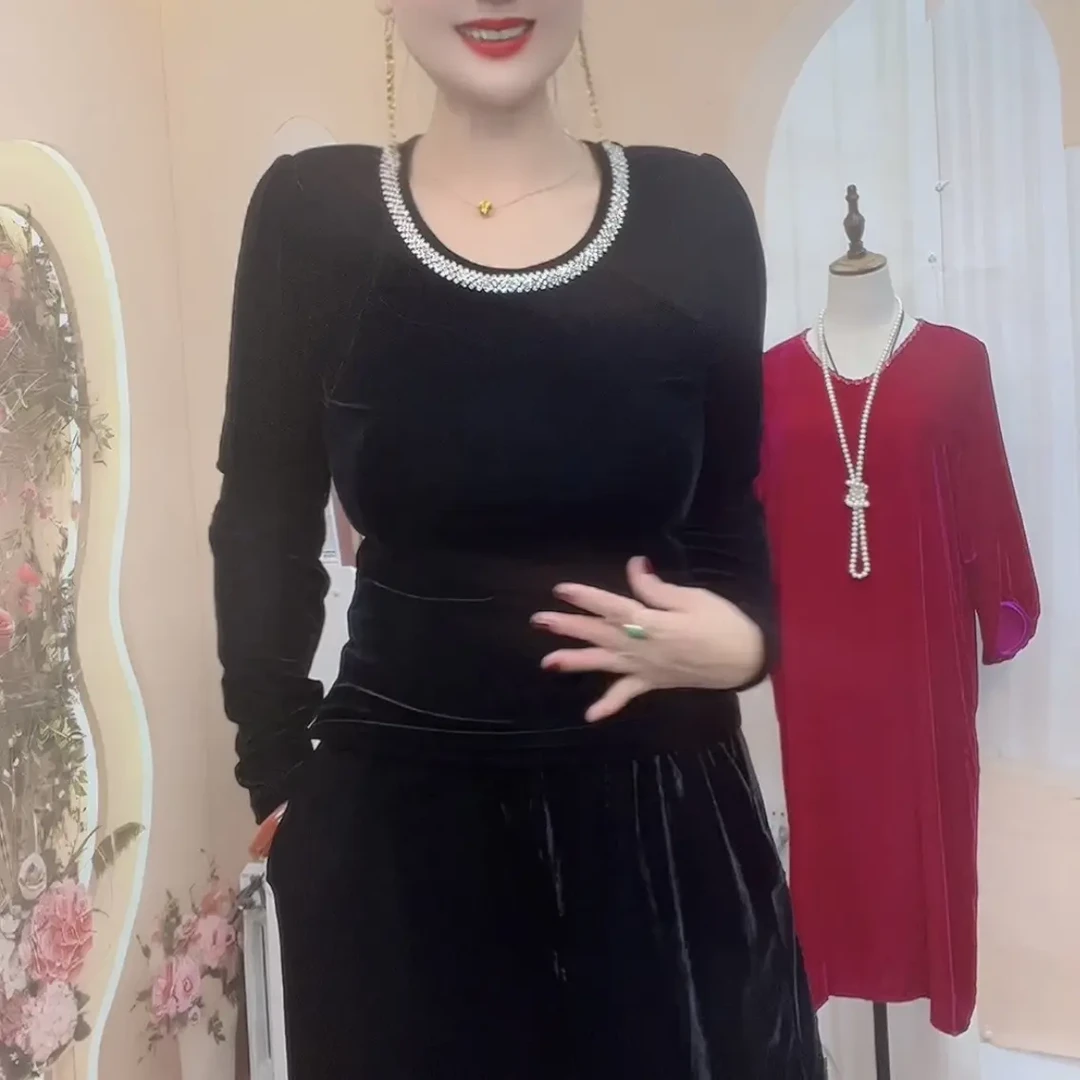 秋冬丝绒轻熟风长袖蕾丝女女士圆领常规款T恤休闲