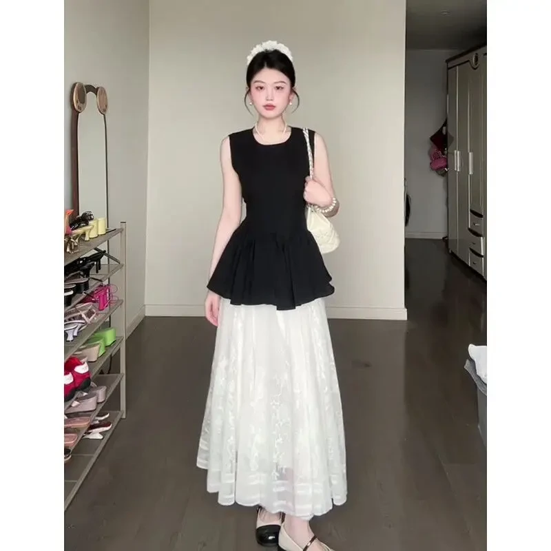 法式气质套装无袖圆领宽松黑色背心上衣女装夏季高腰半身裙两件套