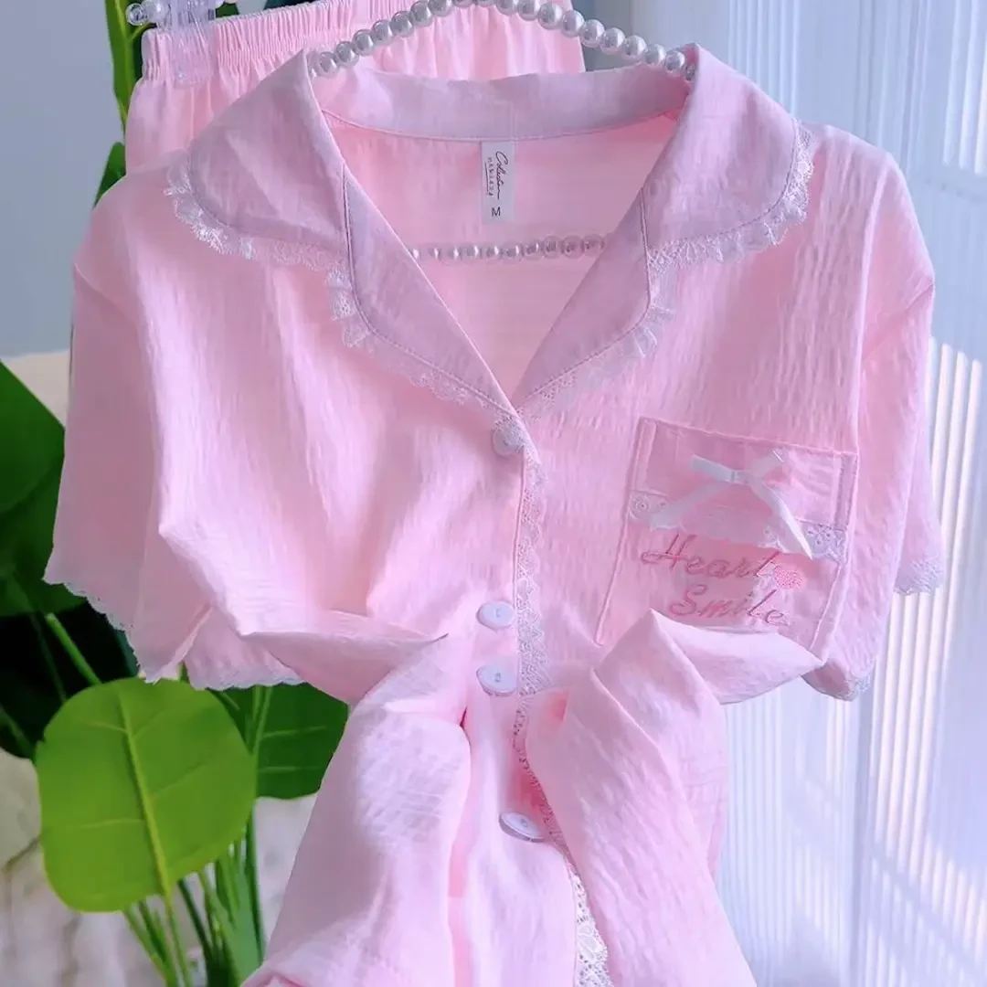 夏季女士棉质短袖开衫翻领蕾丝花边可外穿甜美睡衣女夏季套装女款