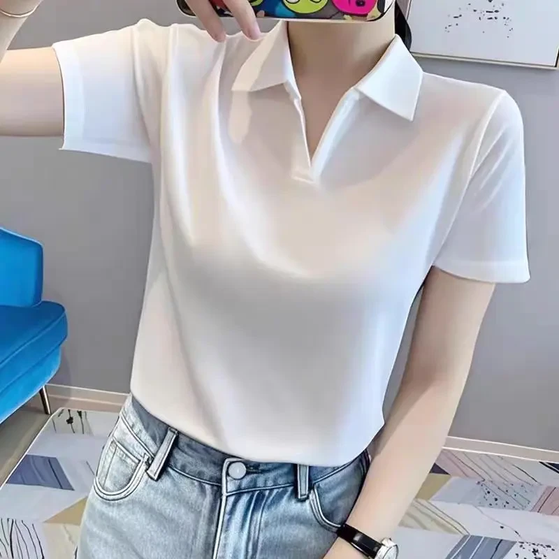 欧货polo领白色短袖t恤女V领修身显瘦百搭2025夏季新款休闲上衣潮