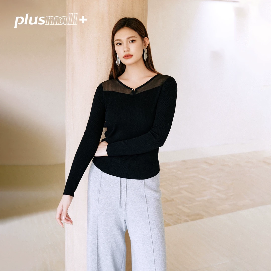 PLUSMALL 薄雾清晨 金属扣微透桃心领显瘦保暖打底衫