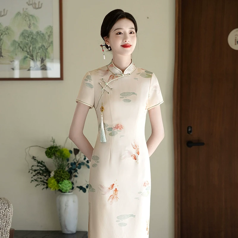 黄色送考旗袍锦鲤年轻妈妈气质优雅夏季新款高考中考送考走向辉煌