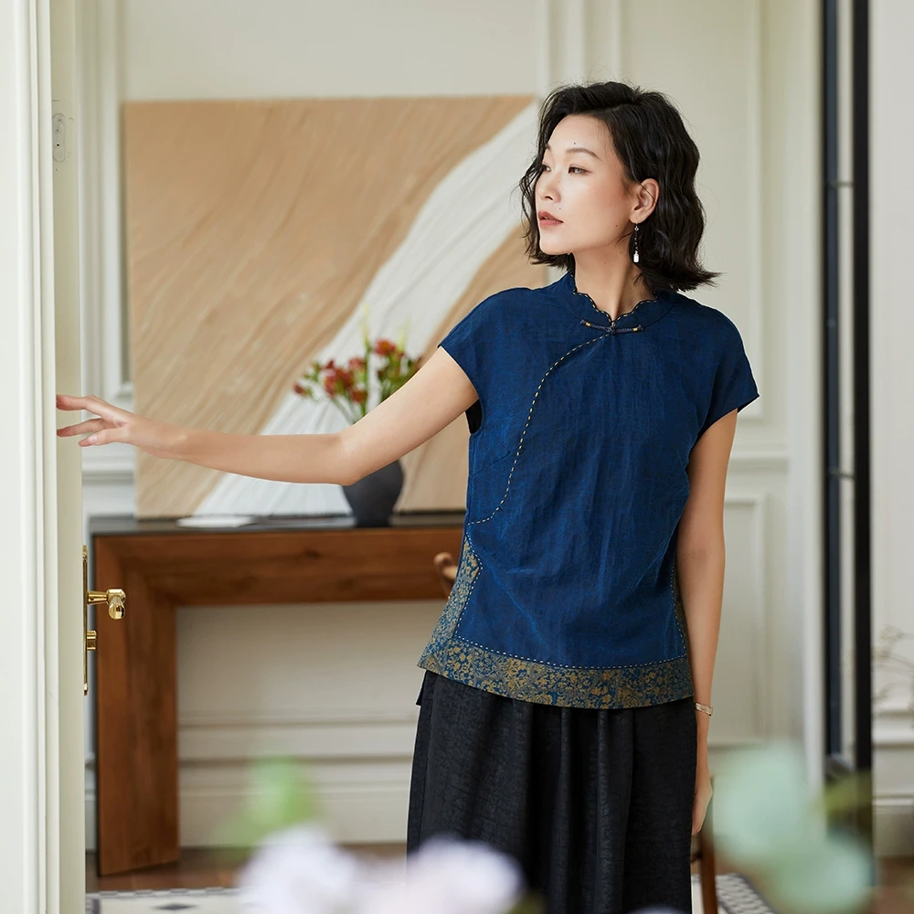 布小匠原创非遗香云纱龟纹桑蚕丝花瓣领上衣女新中式撞色拼接衬衫