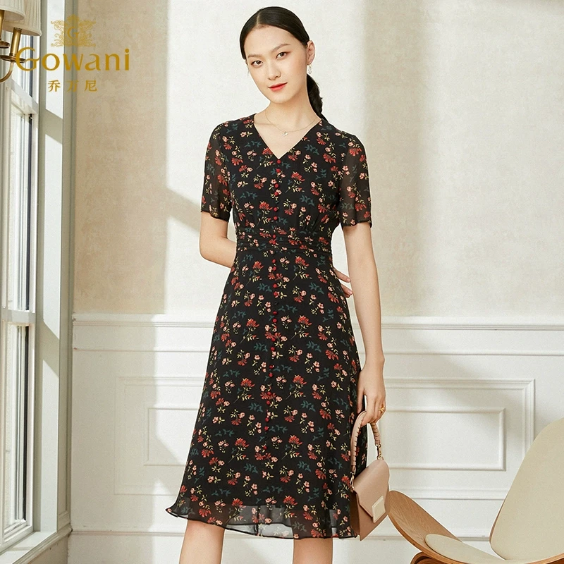 乔万尼新款重磅真丝连衣裙商场同款V领收腰显瘦裙EI2E800506