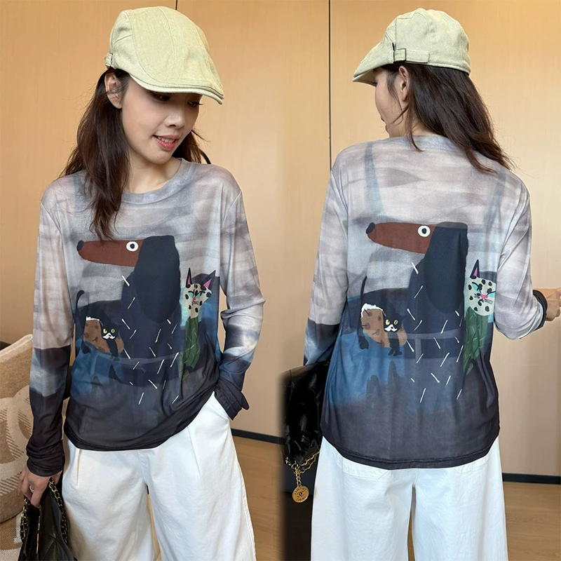 今年流行网纱涂鸦长袖防晒T恤女夏季2025年新款欧货复古冰丝上衣