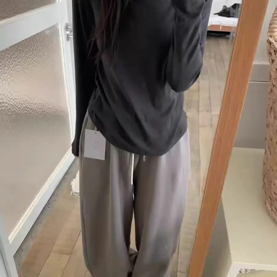 慵懒风抗皱常规极简风女长袖T恤时尚百搭藏青