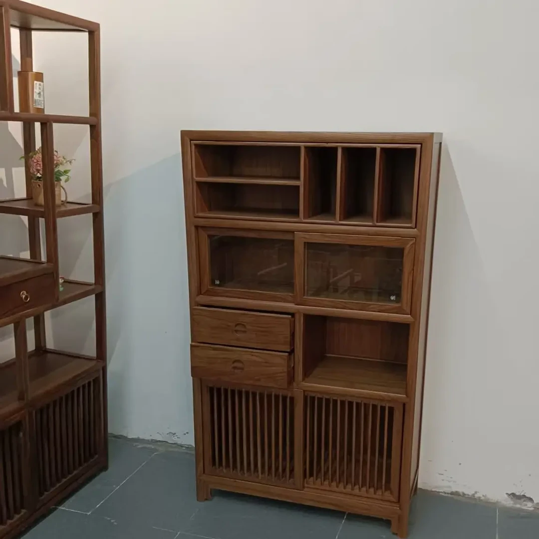 新中式榆木多宝格茶桌边柜整装E0级环保5层空间定制实木茶室柜子