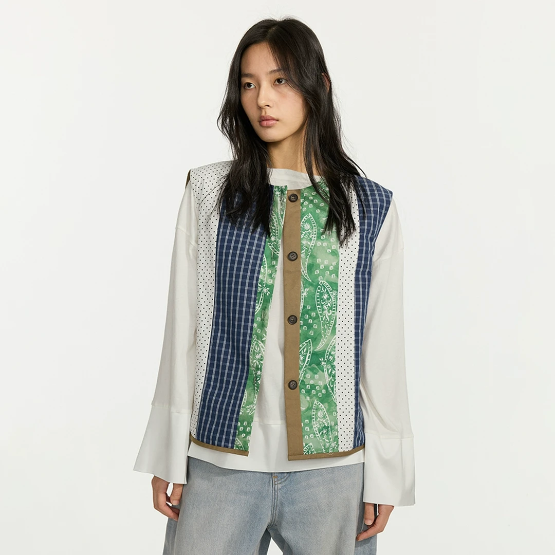 sagestudio腰果花拼接彩色面料夹棉马甲背心穿搭