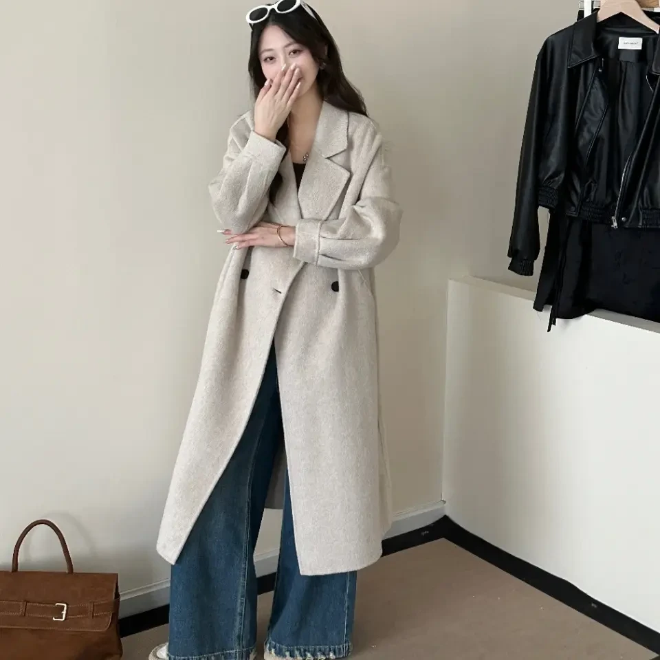 冬加厚长毛人字纹气质显瘦双面女士长款大衣双面羊毛大衣882505