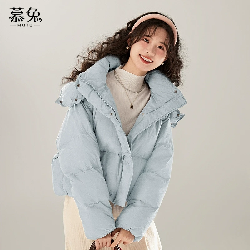 慕兔小个子甜美粉色连帽短外套女2024冬季新款加厚宽松面包服外套