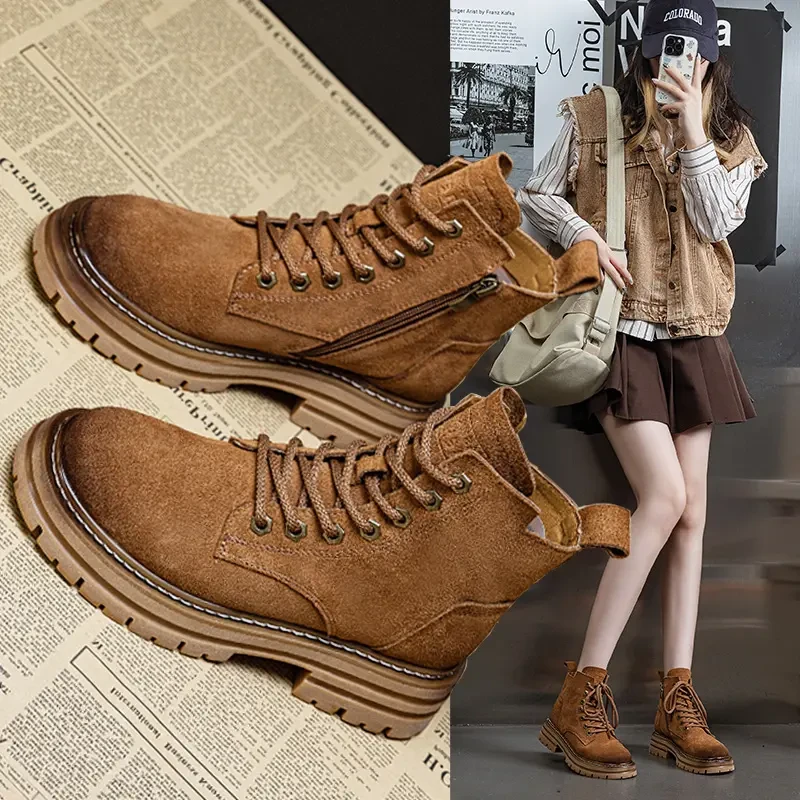 真皮马丁靴女大黄靴夏季薄款复古百搭磨砂短靴厚底增高女款工装靴