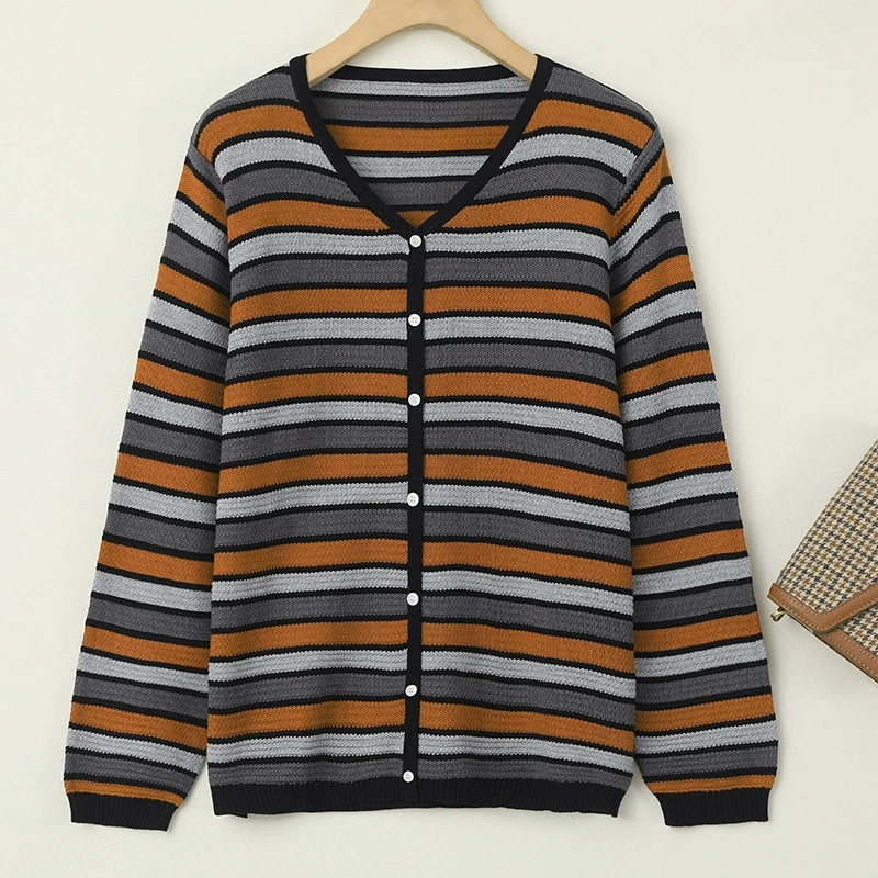 D真丝混纺开衫长袖上衣女条纹单排多扣外搭夏季桑蚕丝针织衫C9350