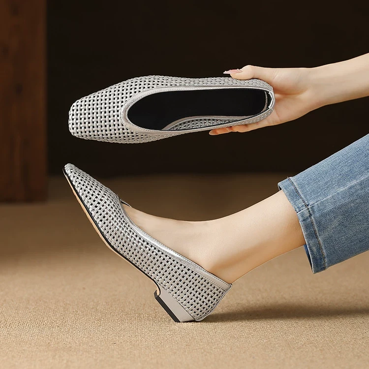 春夏镂空编织牛皮法式凉鞋浅口法式2025年春夏新款水钻