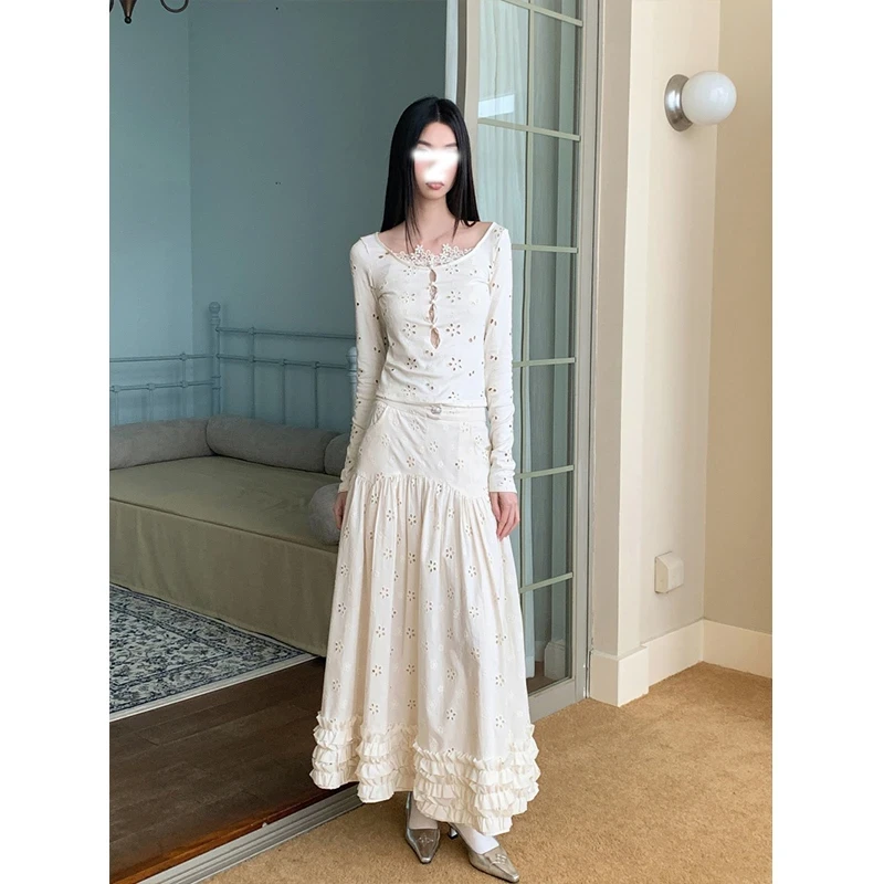 春夏季新款蕾丝拼接镂空刺绣花边针织长袖T恤上衣+木耳边半身裙女