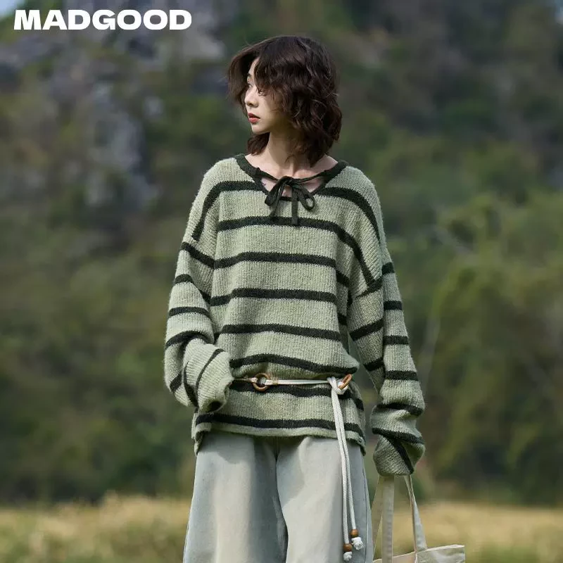 madgood马得工地日系春季镂空针织撞色拼接条纹毛衣MDGDMY251029