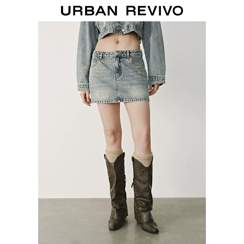 UR2025春季新款女装欧若风撞色缝线钉珠装饰牛仔半裙UYL850040