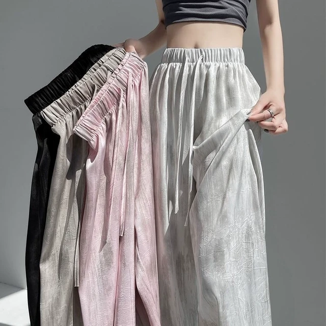 冰丝水墨画扎染阔腿裤女夏季时尚薄款裤子高腰垂感直筒显瘦休闲裤